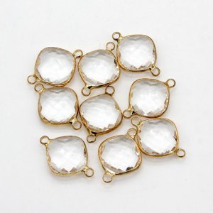 5Pcs 16x23mm clear square Glass crystal Connecter Bezel pendant, Drops Gold Plated two Loops