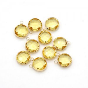 5Pcs 12x15mm citrine Round Glass crystal Connecter Bezel pendant, Drops Gold Plated one Loops