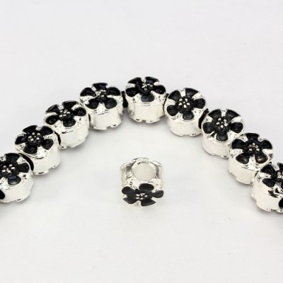 Alloy European Beads, flower, 9x10x11mm, hole:5mm, black painting, silver plated, 1 piece