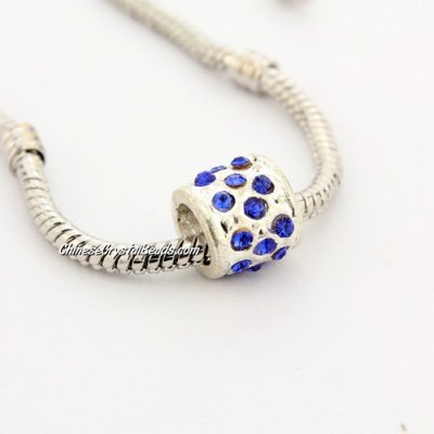 Pave Pave European Beads, alloy, silver plated and sapphire CZ , 9x9x9mm, hole: 5mm, sold per pkg of 9pcs