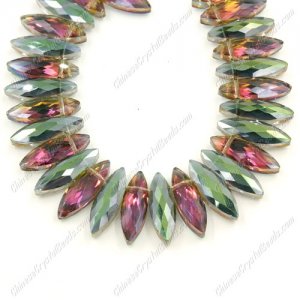 Leaf crystal beads, 7x22mm, green and purple light, 10 beads