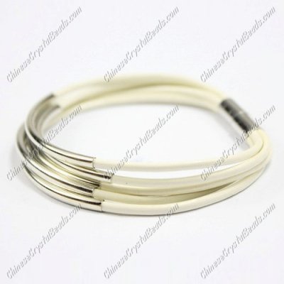 Silver Plated tubes bracelet, white leather bracelet, silver plated magnetic clasp