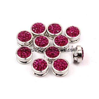 Pave button beads, fuchsia, silver-plated copper, 10mm , Sold per pkg of 10 pcs