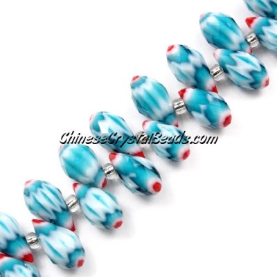 Millefiori Crystal Briolette bead strand, Aqua/red, 6x12mm, 20 beads