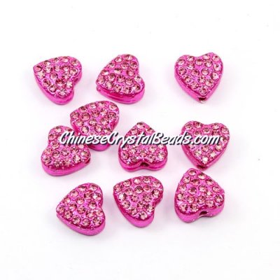 Pave heart beads, alloy, fuchsia, hole 1.5mm, 6x10x10mm, sold per pkg of 10pcs