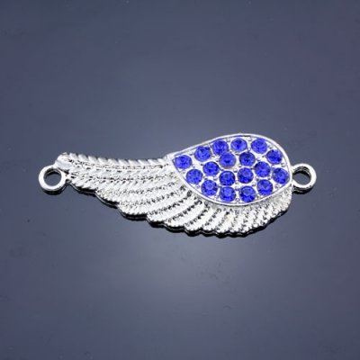 Pave accessories, angel wings, 18x46mm, silver-plated, sapphire rhinestone, sold 1 pcs