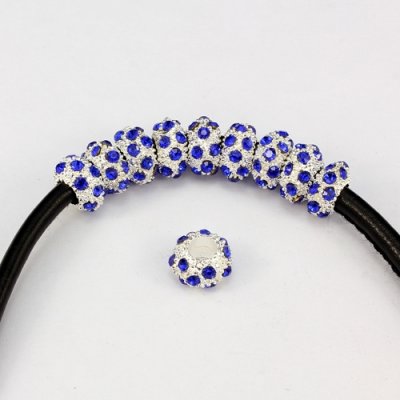 Alloy European Beads, rondelle, 6x11mm, hole:5mm, pave blue crystal, silver plated, 1 piece