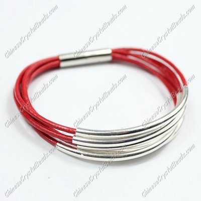 Silver Plated tubes bracelet, Red leather bracelet, silver plated magnetic clasp