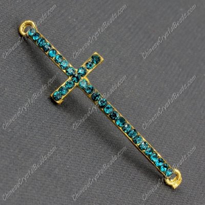 Pave cross Charms, alloy gold-plated, 14x50mm, hole: 2mm, indicolite, 1pcs