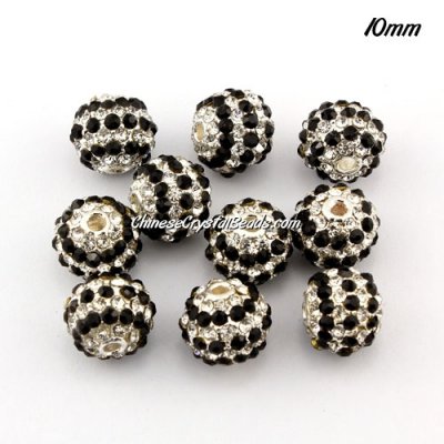 alloy pave disco beads, 10mm, 1.5mm hole, 80pcs balck and white crystal stone, silver plated, sold 10 pcs
