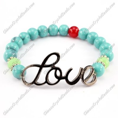 Fashion Glass beads bracelet, love charm, Stretchable fit. 8mm beads