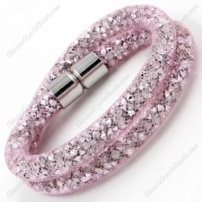 Double wrap Stardust Mesh Bracelet, pink mesh and clear Rhinestone, width:8mm