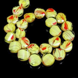 Millefiori Twist faceted Beads yellow/red 14mm, 10 beads