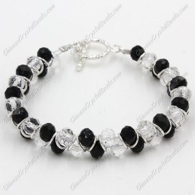 Crystal Bracelet 6mm rondelle beads black and white, 8inch length
