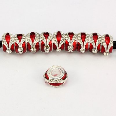 Alloy European Beads, rondelle, 7x14mm, hole:5mm, pave clear crystal, red painting, silver plated, 1 piece