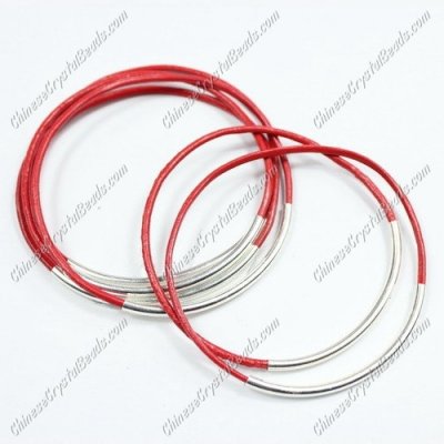 Silver Plated tubes bangle bracelet, red leather silver bracelet