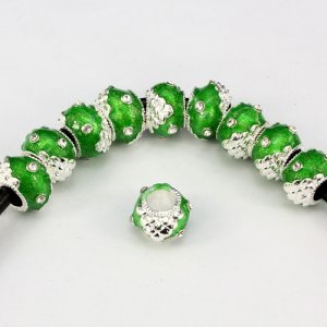 Alloy European Beads, rondelle, 9x13mm, hole:6mm, pave clear crystal, green painting, silver plated, 1 piece