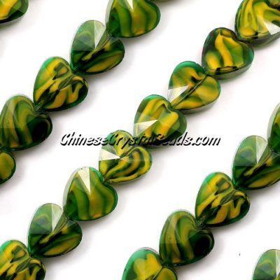 Millefiori 14mm faceted heart Beads green/yellow, 10 beads