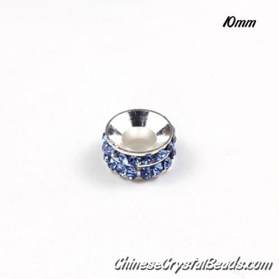 10mm Rondelle spacer Silver-Plated coppoer beads lt sapphire Crystal Rhinestones, 10 pcs