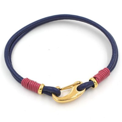 Carabiner Clasp Bracelet, 2.5mm round leather, gold clasp, 2-Coil blue leather Bracelet