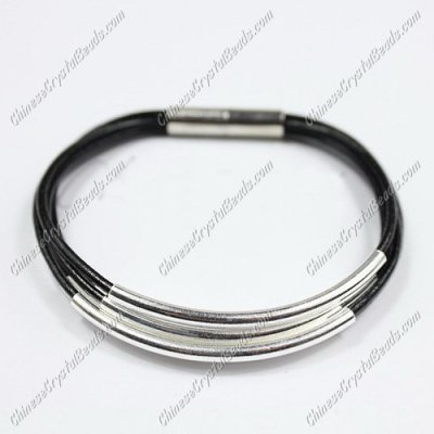 Silver Plated tubes bracelet, black leather bracelet, silver plated magnetic clasp