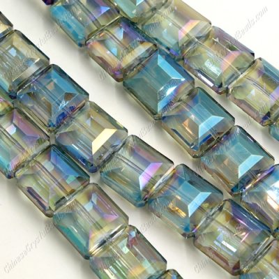 faceted square crystal, 13x13mm, green light, 12 beads