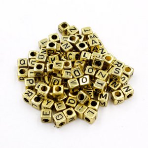 100 Pcs Acrylic Mixed Gold Alphabet Letter Cube Beads hole:3.8mm, 7mm