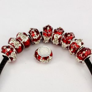 Alloy European Beads, cross, 8x13mm, hole:6mm, pave clear crystal, red painting, silver plated, 1 piece