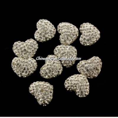 Pave heart beads, clay, 13x15mm, 1.5mm hole, white, 1pcs