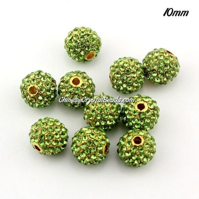 alloy pave disco beads, 10mm, 1.5mm hole, 80pcs lime green crystal stone, gold plated, sold 10 pcs