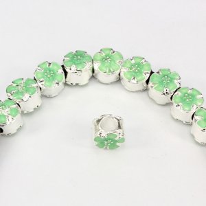 Alloy European Beads, flower, 9x10x11mm, hole:5mm, green painting, silver plated, 1 piece