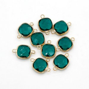 5Pcs 13x20mm emerald square Glass crystal Connecter Bezel pendant, Drops Gold Plated two Loops