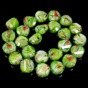 Millefiori Twist faceted Beads olivine/red 14mm, 10 beads