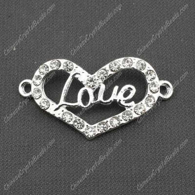 pave love heart Charms, 41x22mm, silver, 1 pcs
