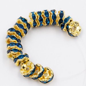 8mm Rondelle spacer, waviness, gold plated, capri blue #Crystal Rhinestone, hole 1.5mm, 50 piece