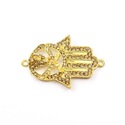 Hand of Fatima pendant, gold-plated brass, 30x44mm, sun rhinestone, Sold individually.