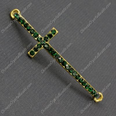 Pave cross Charms, alloy gold-plated, 14x50mm, hole: 2mm, emerald, 1pcs