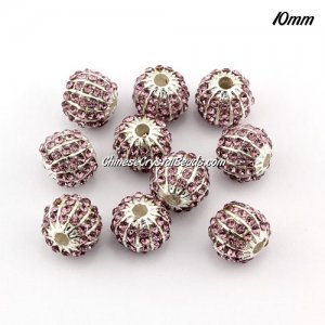 alloy pave disco beads, 10mm, 1.5mm hole, 60 crystal stone, amethyst, sold 10 pcs