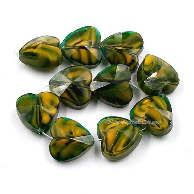 Millefiori 14mm faceted heart Beads dark green yellow 10 beads