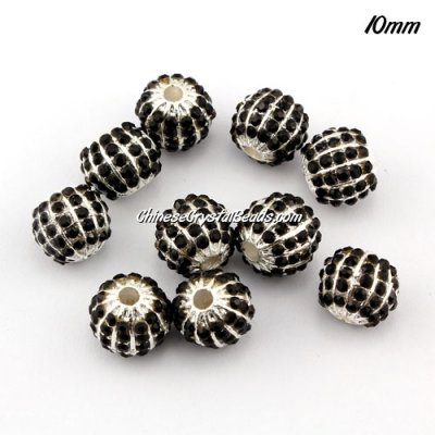 alloy pave disco beads, 10mm, 1.5mm hole, 60 crystal stone, black, sold 10 pcs
