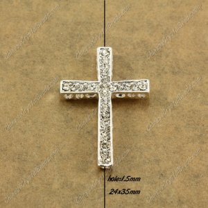 alloy Pave cross Charms, 24x35mm, hole: 1.5mm, silver plated alloy, 1pcs