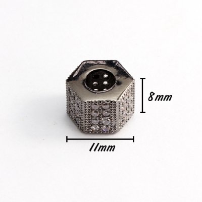 Cubic Zircon Pave Hexagonal bead, 8x10x11mm, hole: 5mm, gunmetal, No glue and nickel free, 1 pcs