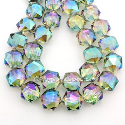 crystal faceted Hexagon beads, 14x16mm, green light, per pkg of 8pcs