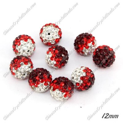 AAA quality Premium Pave style half drilled beads crystal, round, 12mm, hole: 1mm, white & red, sold by 1 pc