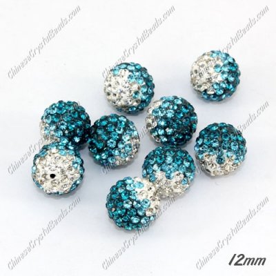 AAA quality Premium Pave style half drilled beads crystal, round, 12mm, hole: 1mm, white & aqua & capri blue, sold by 1 pc