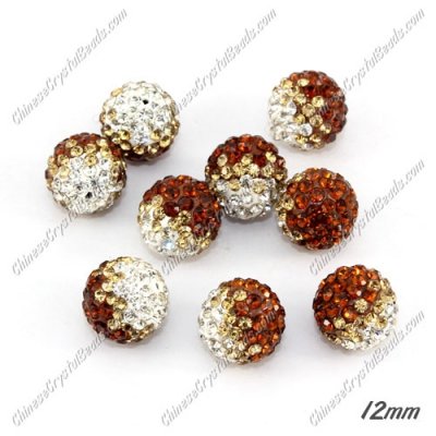 AAA quality Premium Pave style half drilled beads crystal, round, 12mm, hole: 1mm, white & champange & coffee, sold by 1 pc