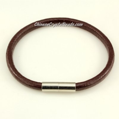 Fashion leather stainless steel Magnetic Bracelet, 5mm round leather, coffee, 7.5 inch