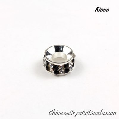 10mm Rondelle spacer Silver-Plated coppoer beads white/black Crystal Rhinestones, 10 pcs