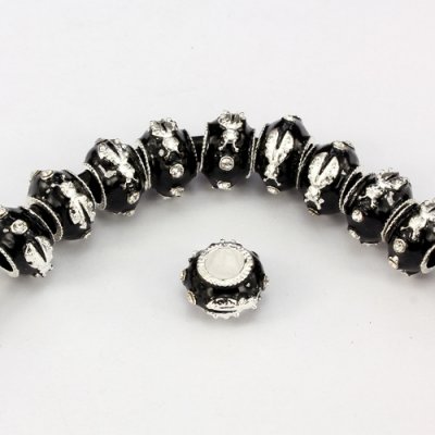 Alloy European Beads, beetle, 9x13mm, hole:6mm, pave clear crystal, black painting, silver plated, 1 piece