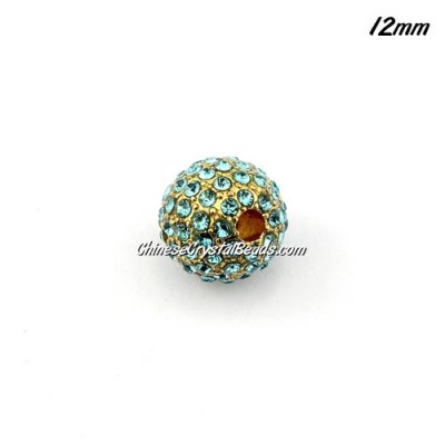 alloy pave disco beads, aqua crystal stone, gold-plated, 12mm, 2mm hole, sold 9pcs